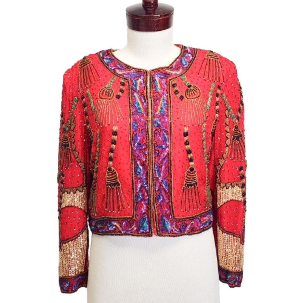 Vtg Laurence Kazar Beaded/Sequin Tassel Design Red Silk Cropped Jacket Womens XL